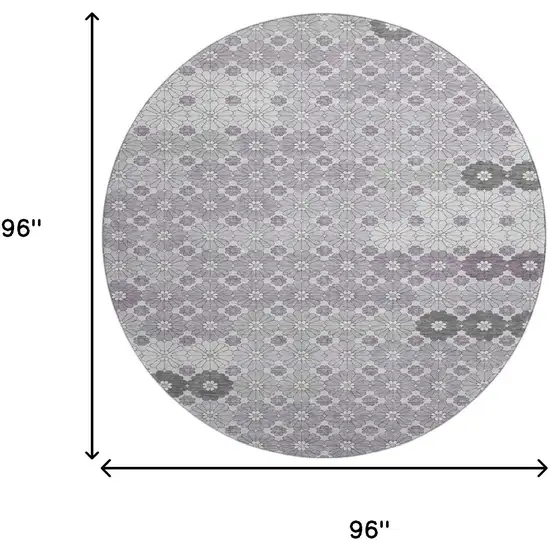 8' Lavender Gray And Silver Geometric Washable Round Rug With UV Protection Photo 9