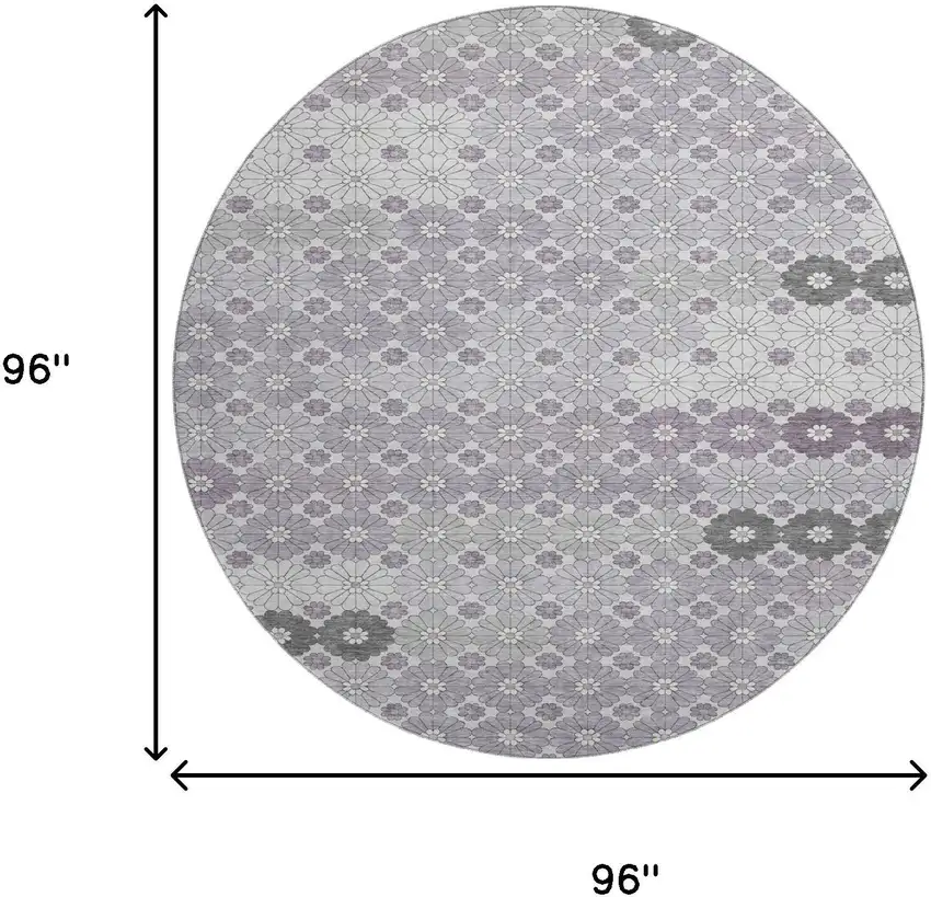 8' Lavender Gray And Silver Geometric Washable Round Rug With UV Protection Photo 9