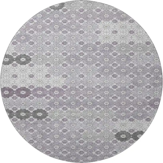 8' Lavender Gray And Silver Geometric Washable Round Rug With UV Protection Photo 3