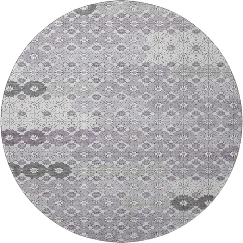 8' Lavender Gray And Silver Geometric Washable Round Rug With UV Protection Photo 3