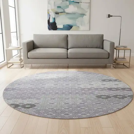 8' Lavender Gray And Silver Geometric Washable Round Rug With UV Protection Photo 2