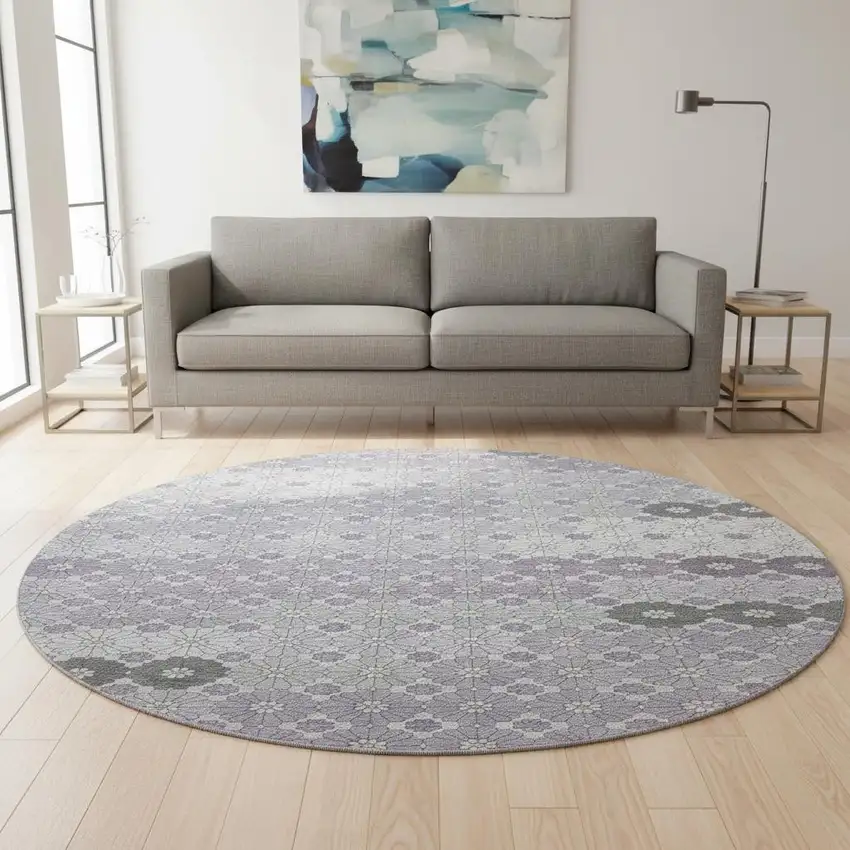 8' Lavender Gray And Silver Geometric Washable Round Rug With UV Protection Photo 2