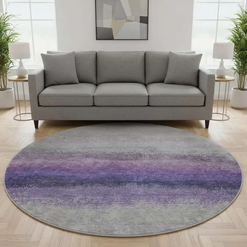 8' Lavender Gray And Silver Ombre Washable Round Rug With UV Protection Photo 2