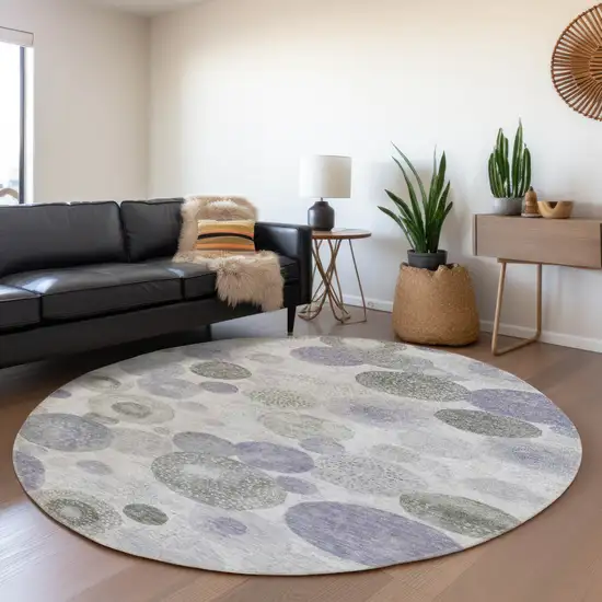 8' Lavender Gray And Silver Round Geometric Washable Indoor Outdoor Area Rug Photo 6