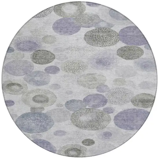 8' Lavender Gray And Silver Round Geometric Washable Indoor Outdoor Area Rug Photo 4