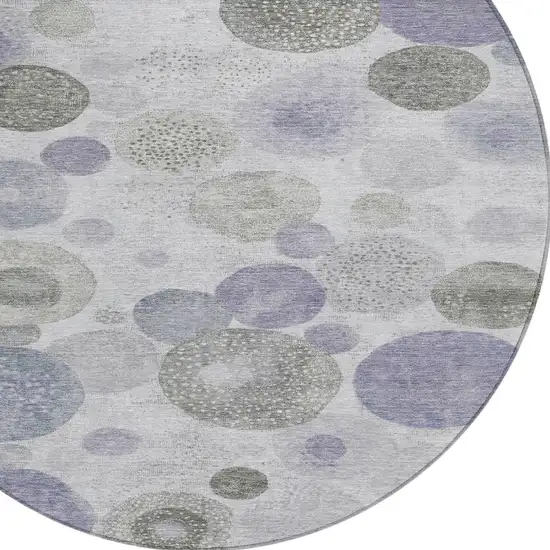 8' Lavender Gray And Silver Round Geometric Washable Indoor Outdoor Area Rug Photo 8