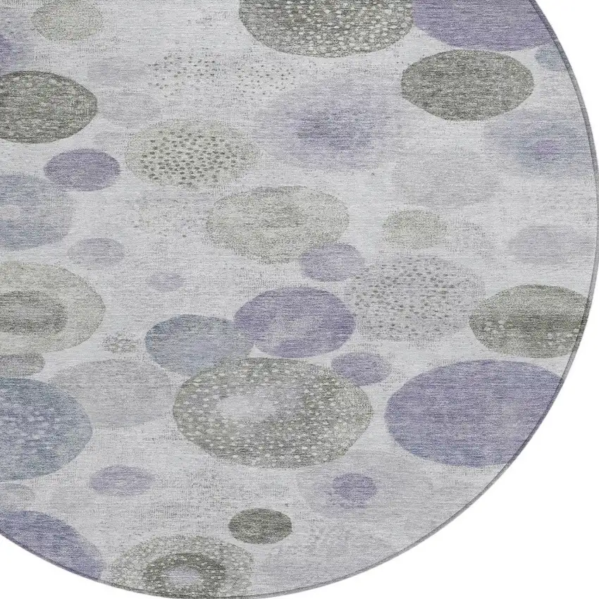 8' Lavender Gray And Silver Round Geometric Washable Indoor Outdoor Area Rug Photo 8