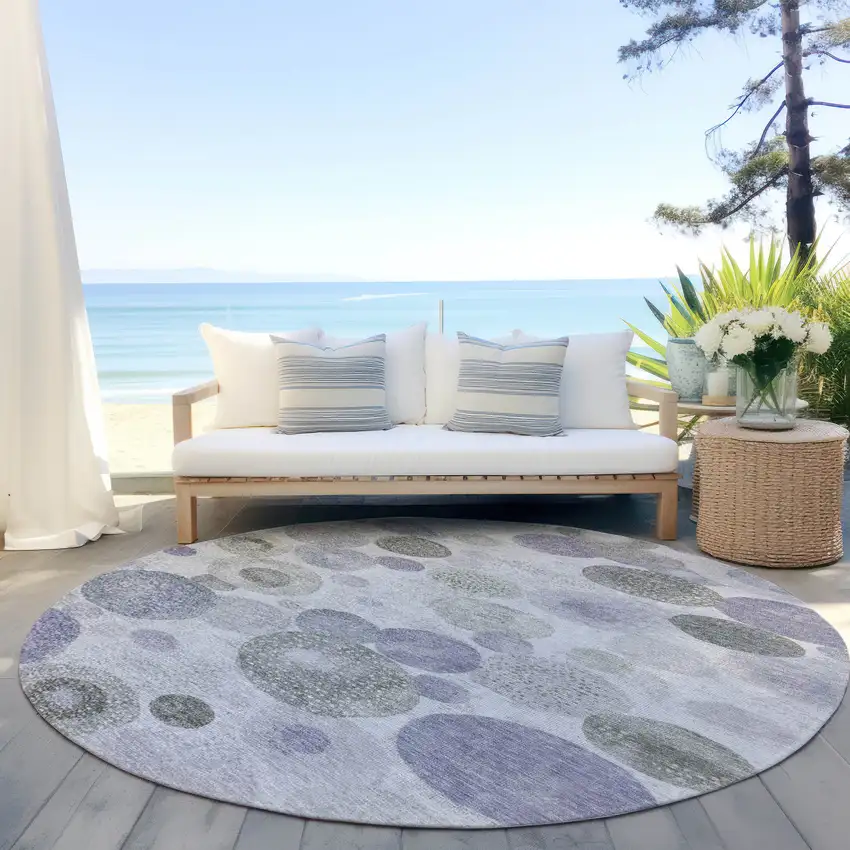 8' Lavender Gray And Silver Round Geometric Washable Indoor Outdoor Area Rug Photo 5