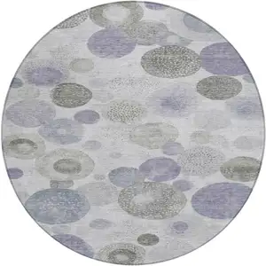 Photo of 8' Lavender Gray And Silver Round Geometric Washable Indoor Outdoor Area Rug