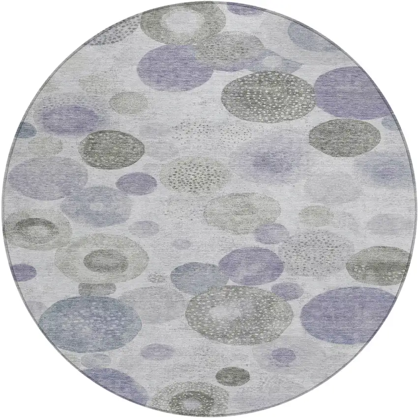 8' Lavender Gray And Silver Round Geometric Washable Indoor Outdoor Area Rug Photo 1