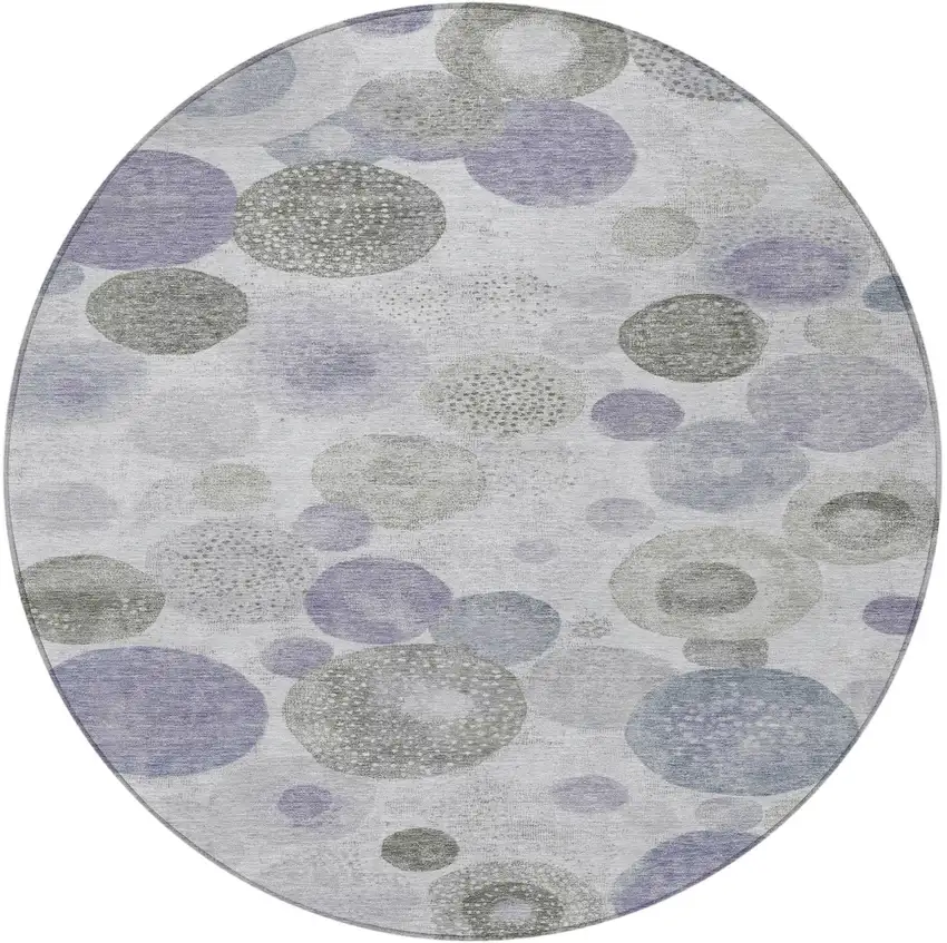 8' Lavender Gray And Silver Round Geometric Washable Indoor Outdoor Area Rug Photo 3