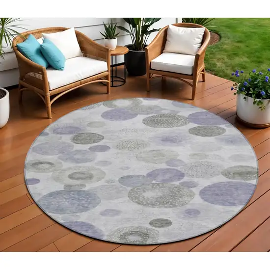 8' Lavender Gray And Silver Round Geometric Washable Indoor Outdoor Area Rug Photo 2
