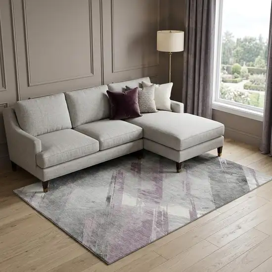 8' Lavender Gray And Silver Striped Washable Area Rug With UV Protection Photo 1