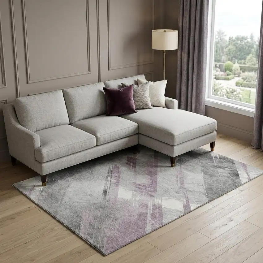 8' Lavender Gray And Silver Striped Washable Area Rug With UV Protection Photo 1