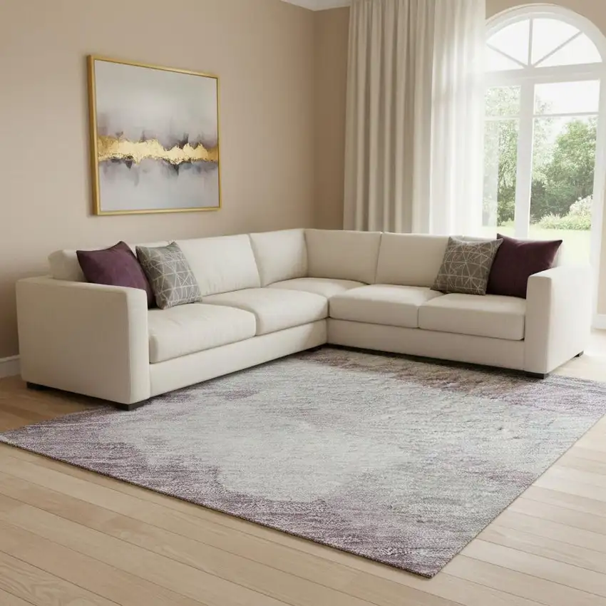 8' Lavender Gray And Silver Striped Washable Area Rug With UV Protection Photo 2