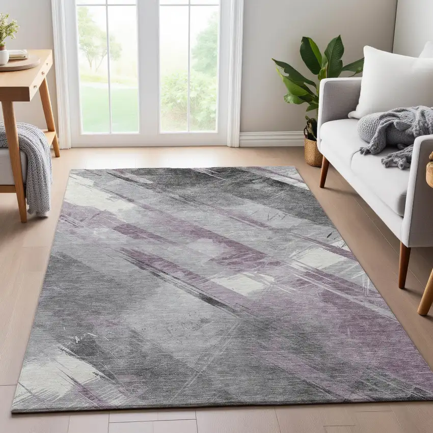 8' Lavender Gray And Silver Striped Washable Area Rug With UV Protection Photo 4