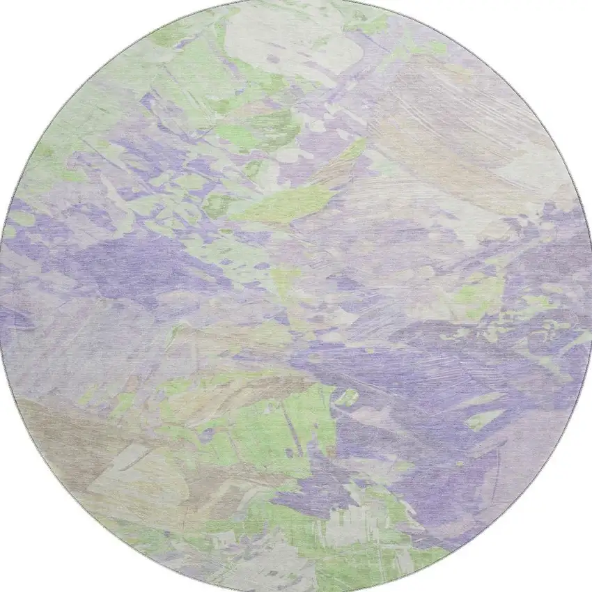 8' Lavender Green And Beige Abstract Washable Round Rug With UV Protection Photo 3