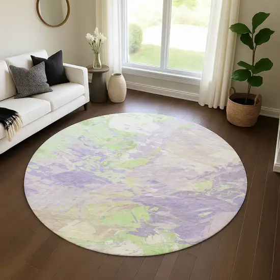 8' Lavender Green And Beige Abstract Washable Round Rug With UV Protection Photo 4
