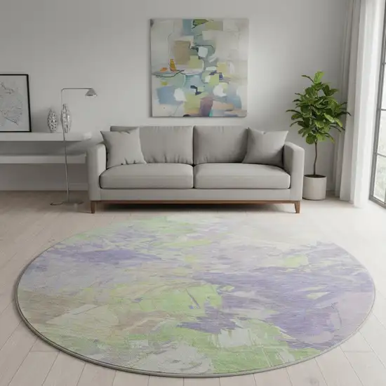 8' Lavender Green And Beige Abstract Washable Round Rug With UV Protection Photo 2