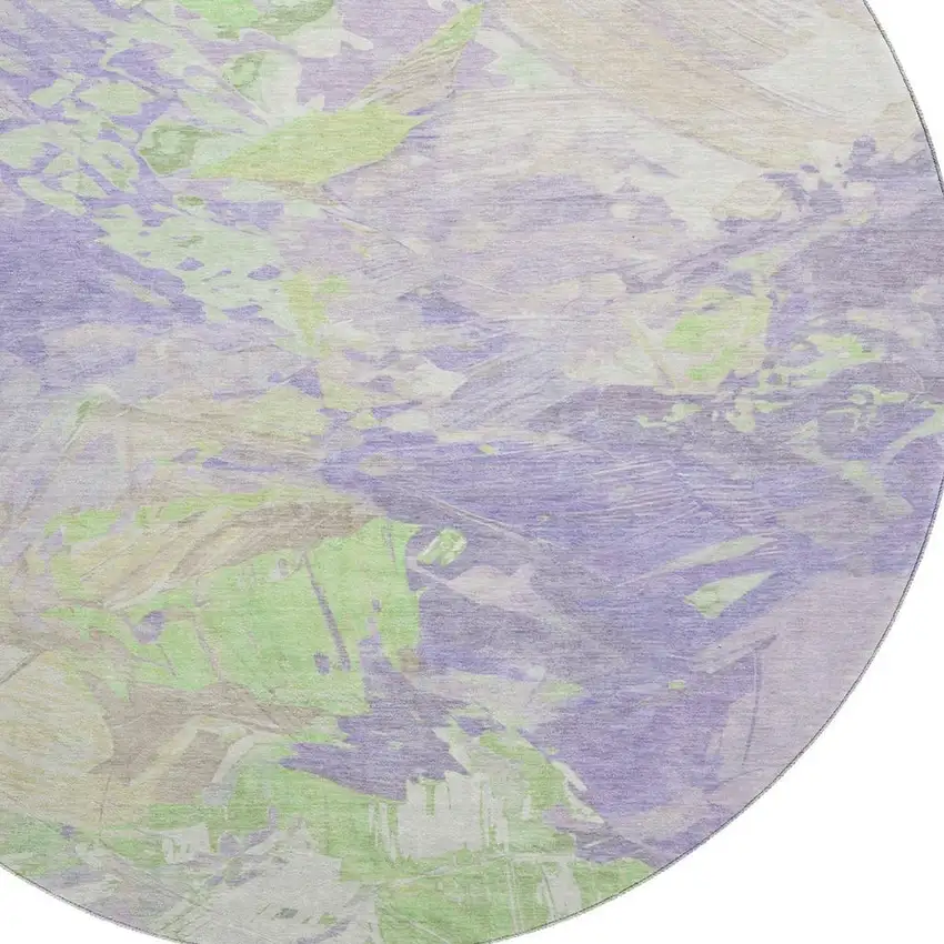 8' Lavender Green And Beige Abstract Washable Round Rug With UV Protection Photo 2