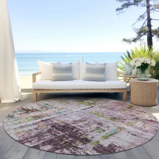 8' Lavender Green And Blue Round Abstract Washable Indoor Outdoor Area Rug Photo 7