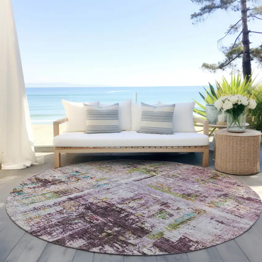 8' Lavender Green And Blue Round Abstract Washable Indoor Outdoor Area Rug Photo 7