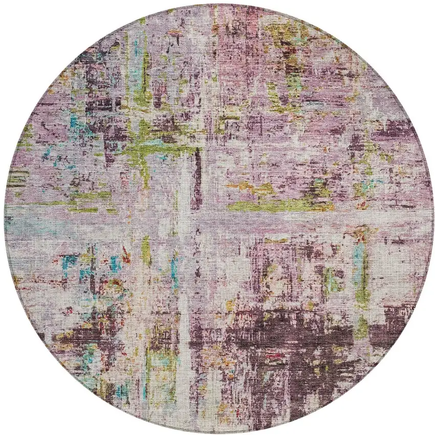 8' Lavender Green And Blue Round Abstract Washable Indoor Outdoor Area Rug Photo 6