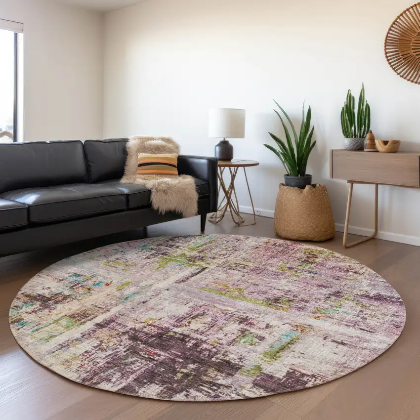 8' Lavender Green And Blue Round Abstract Washable Indoor Outdoor Area Rug Photo 8