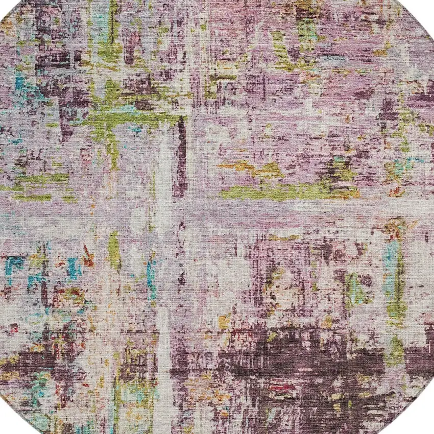 8' Lavender Green And Blue Round Abstract Washable Indoor Outdoor Area Rug Photo 5