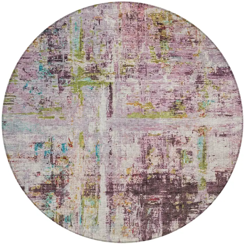 8' Lavender Green And Blue Round Abstract Washable Indoor Outdoor Area Rug Photo 2