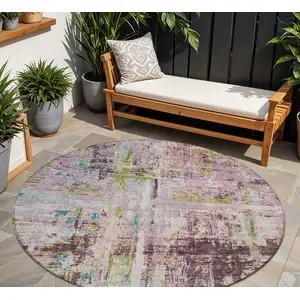 Photo of 8' Lavender Green And Blue Round Abstract Washable Indoor Outdoor Area Rug