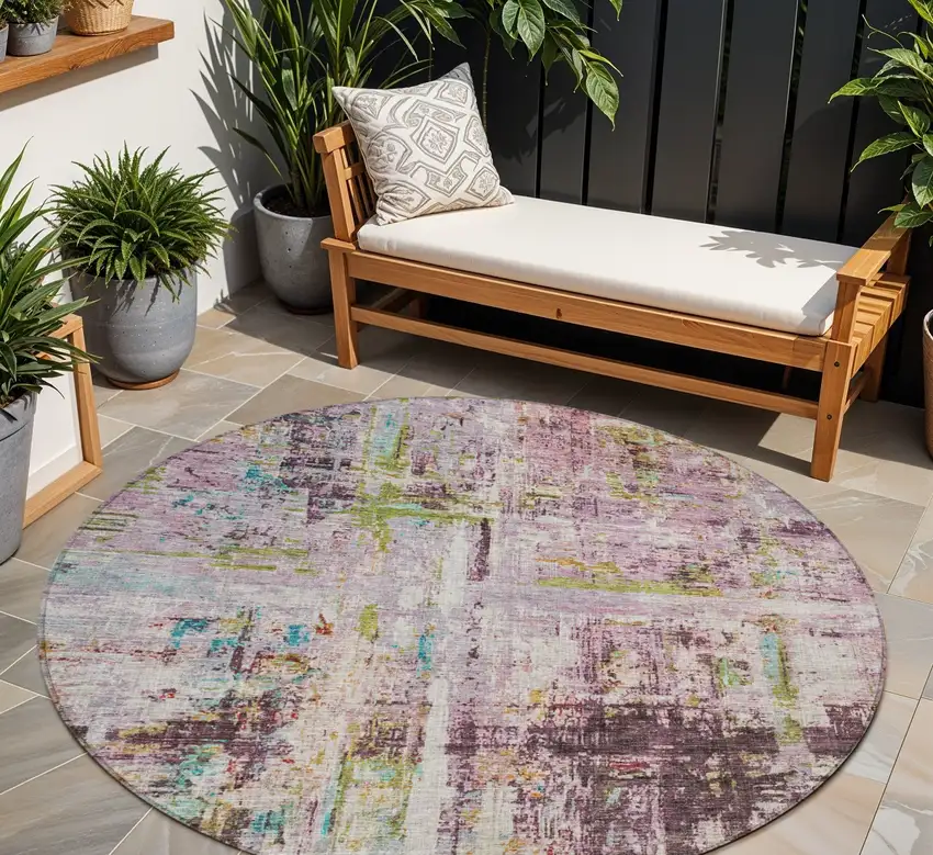 8' Lavender Green And Blue Round Abstract Washable Indoor Outdoor Area Rug Photo 1