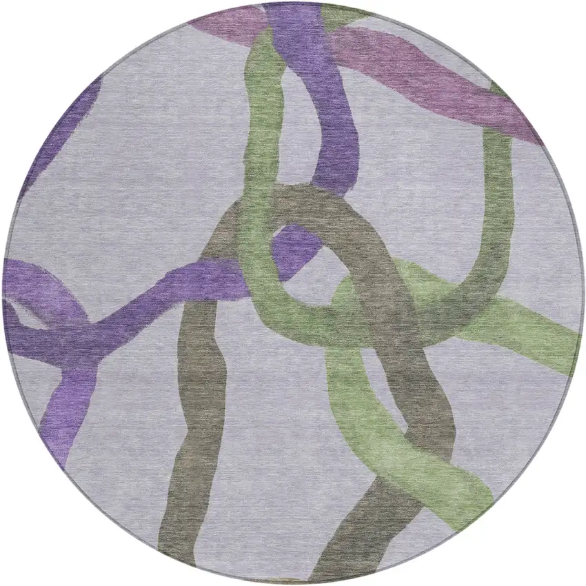 8' Lavender Green And Brown Round Abstract Washable Indoor Outdoor Area Rug Photo 1