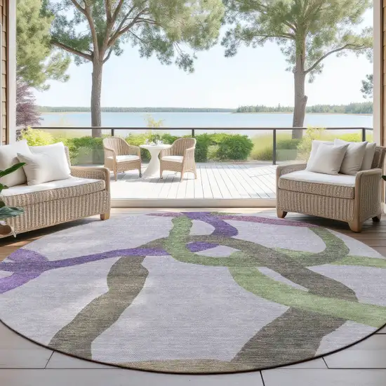 8' Lavender Green And Brown Round Abstract Washable Indoor Outdoor Area Rug Photo 4