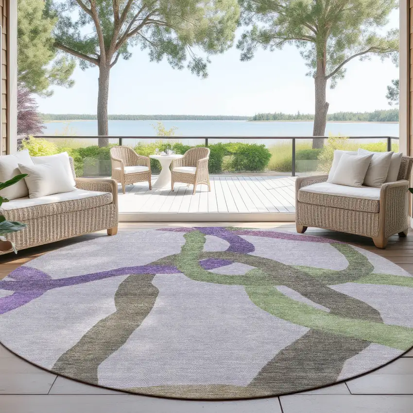 8' Lavender Green And Brown Round Abstract Washable Indoor Outdoor Area Rug Photo 4