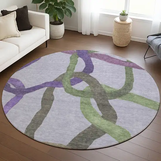 8' Lavender Green And Brown Round Abstract Washable Indoor Outdoor Area Rug Photo 5