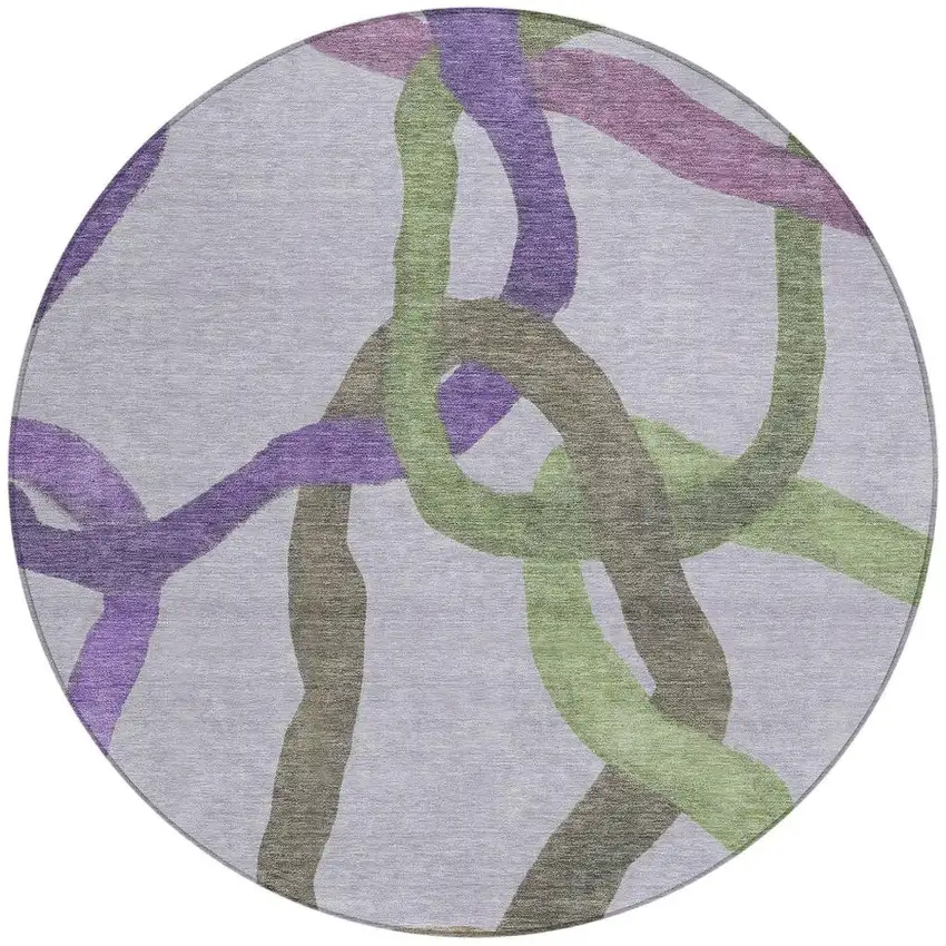 8' Lavender Green And Brown Round Abstract Washable Indoor Outdoor Area Rug Photo 3