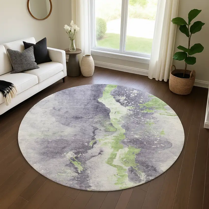 8' Lavender Green And Ivory Abstract Washable Round Rug With UV Protection Photo 4