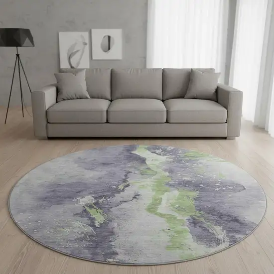 8' Lavender Green And Ivory Abstract Washable Round Rug With UV Protection Photo 2