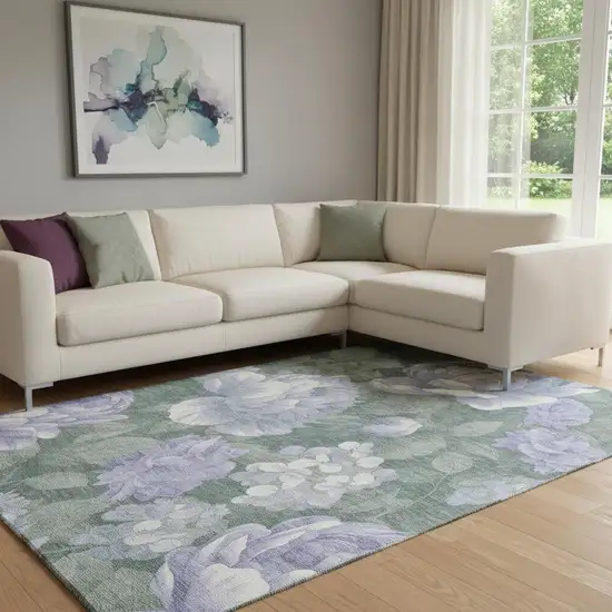 8' Lavender Green And Ivory Floral Washable Area Rug With UV Protection Photo 2
