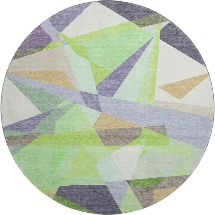 8' Lavender Green And Ivory Geometric Washable Round Rug With UV Protection Photo 1