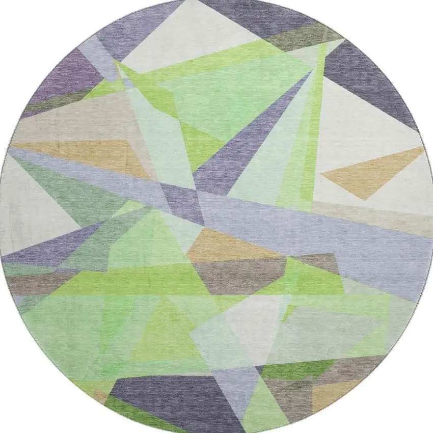 8' Lavender Green And Ivory Geometric Washable Round Rug With UV Protection Photo 3