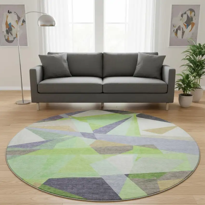 8' Lavender Green And Ivory Geometric Washable Round Rug With UV Protection Photo 2