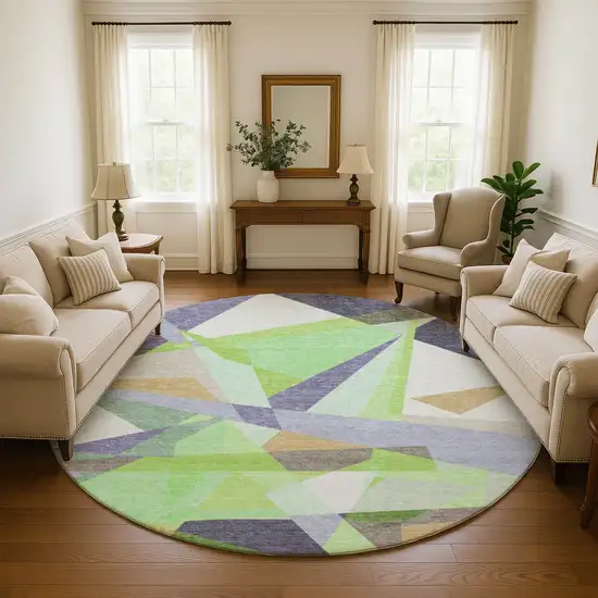 8' Lavender Green And Ivory Geometric Washable Round Rug With UV Protection Photo 4