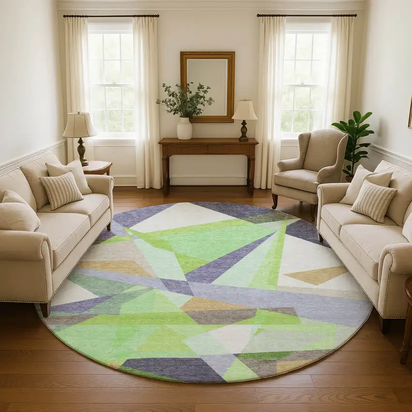 8' Lavender Green And Ivory Geometric Washable Round Rug With UV Protection Photo 4