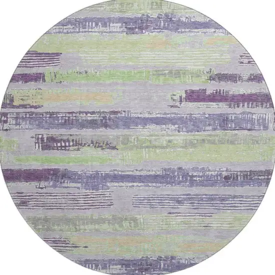 8' Lavender Green And Ivory Striped Washable Round Rug With UV Protection Photo 2