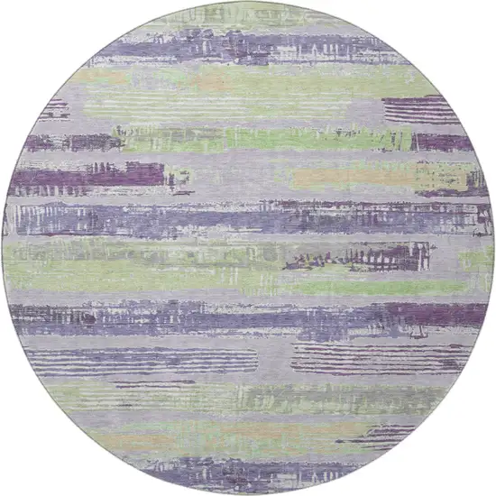 8' Lavender Green And Ivory Striped Washable Round Rug With UV Protection Photo 3