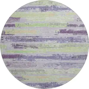Photo of 8' Lavender Green And Ivory Striped Washable Round Rug With UV Protection