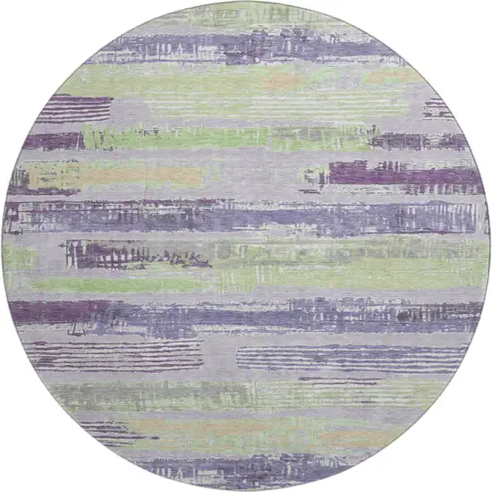 8' Lavender Green And Ivory Striped Washable Round Rug With UV Protection Photo 1