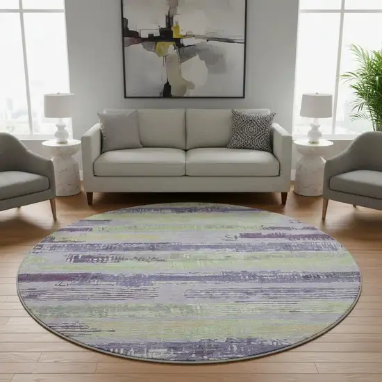 8' Lavender Green And Ivory Striped Washable Round Rug With UV Protection Photo 2